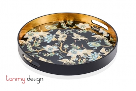 Black round lacquer tray with white crane pattern D40*4.5 cm